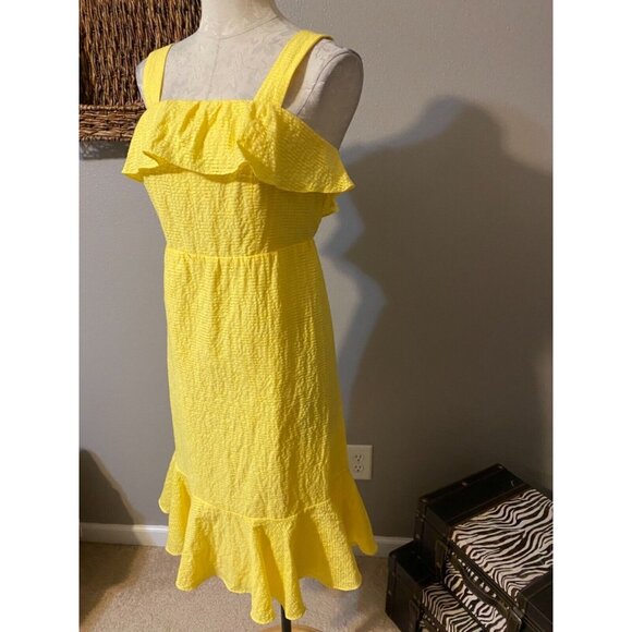 Papagallo Dress Yellow 8 Cruise Resort Wide Strap Smocked Y2K Midi Ruffle NWT - Picture 3 of 7